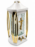 Znicz Szkalny Zn-184 Biały Domek Złote Boki 29 CM lampion nagrobny, na cmentarz, parafinowy, do 40 godzin palenia