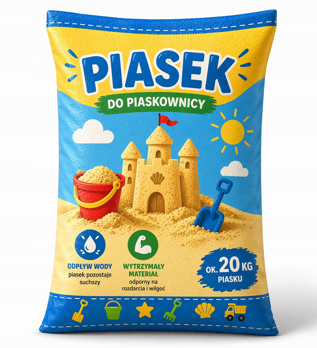 Piasek do piaskownicy czysty przesiewany 20 kg zabawy sensoryczne, aktywność ogrodowa dla maluchów do formowania babek, budowania zamków i