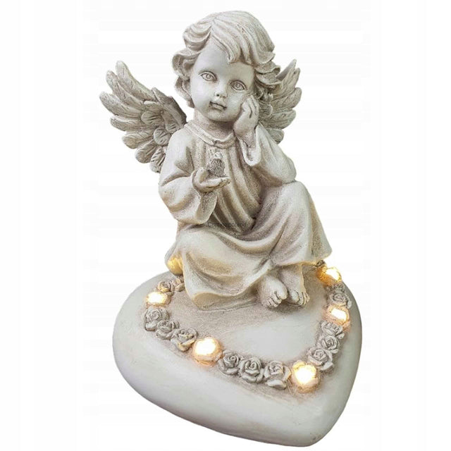 Anioł świecący LED duży z sercem figurka stroik grób święta 5907520029991 ozdoba nagrobna betonowa biała na baterie 17,5 cm