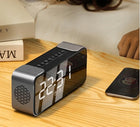 Nowoczesny radiobudzik bluetooth głośnik LED stylowy biurkowy alarm FM zegar cyfrowy do sypialni na szafkę nocną czarny