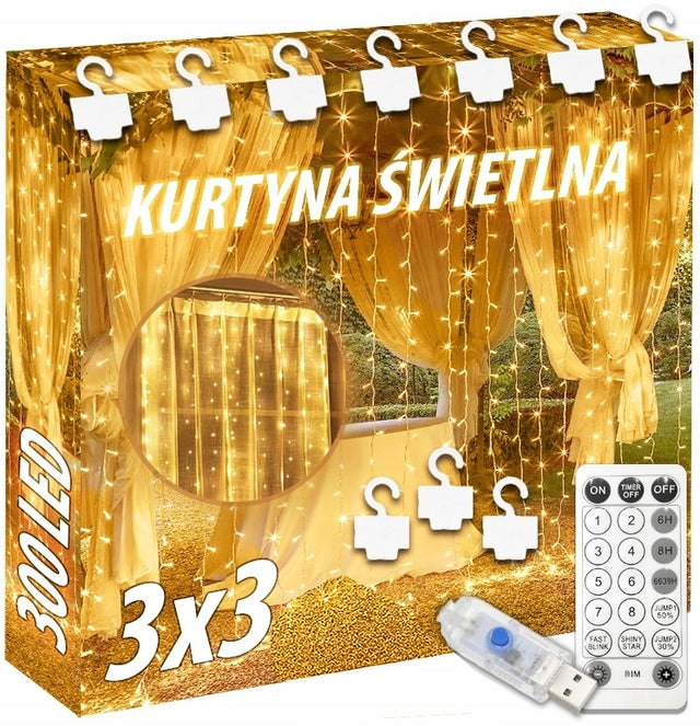 Kurtyna Świetlna Lampki 300 LED 3x3m Wtyczka USB Pilot Druciki Biały Ciepły ozdoba świąteczna do okna, dekoracja wnętrza