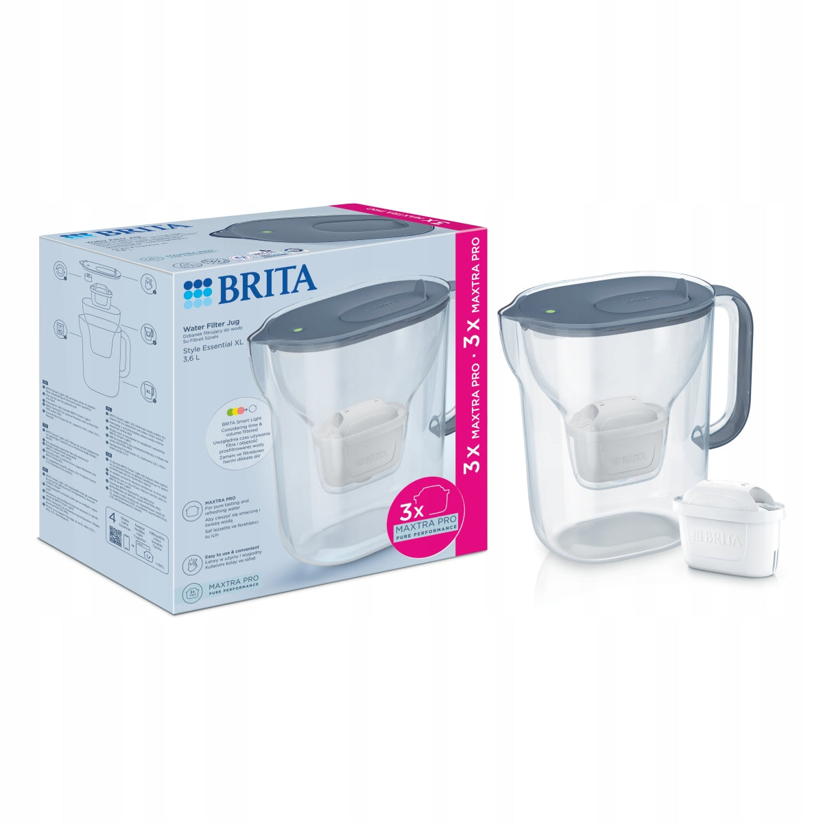 Brita dzbanek filtrujący Style Essential XL grafitowy + 3 filtry Maxtra PRO srebrny/szary