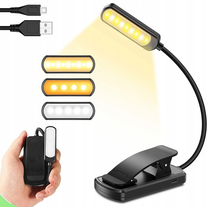 LAMPKA DO CZYTANIA KSIĄŻEK Z KLIPSEM NOCNA 8 LED USB BEZPRZEWODOWA AKU oświetlenie biurkowe, nauka, praca, czarna