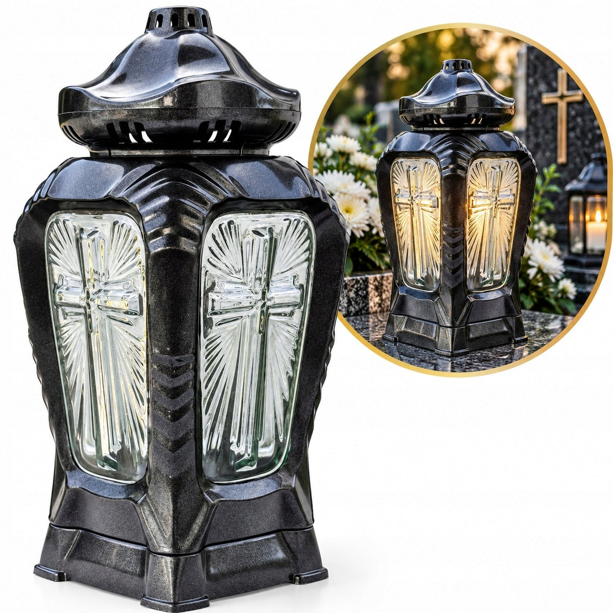 Znicz szklany kapliczka nowoczesny duży szklany znicze na grób lampion led maryjka 33 cm