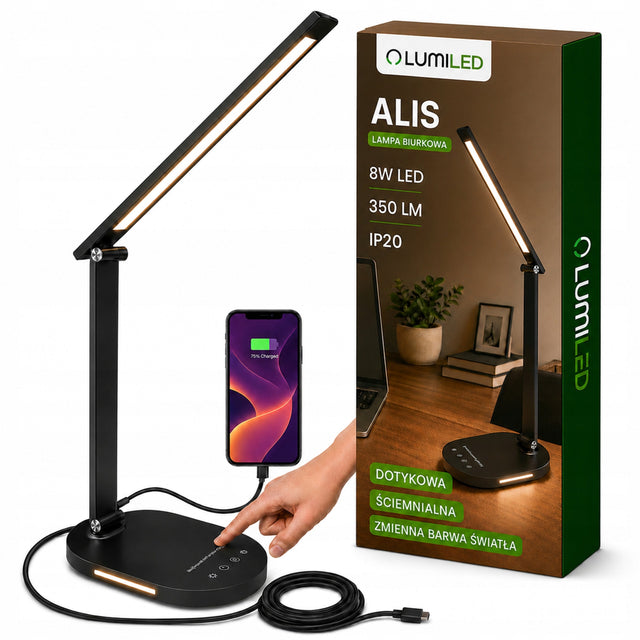 Lampka na Biurko Szkolna LED Dotykowa Regulowana 5 Barw USB do nauki pracy lampa stołowa, 3 punkty świetlne, wysokość 40 cm, czarna, zasilanie