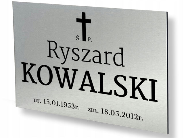 Tabliczka nagrobkowa nagrobna grób krzyż 30x20cm UV Srebrna Szczotkowana tablica na cmentarz, pamiątkowa z tworzywa sztucznego