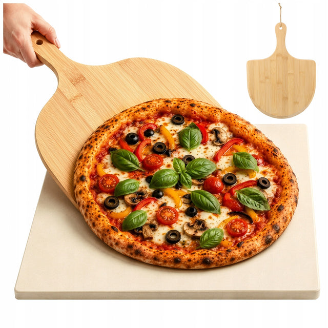 Kamień do Pizzy 39x36 cm Duży + Łopatka Deska Bambusowa do Serwowania 2w1 płyta kordierytowa do wypieku w piekarniku