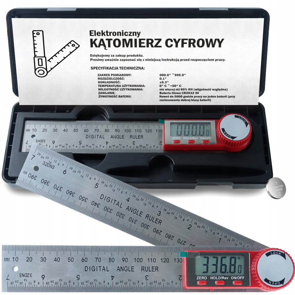 Metalowy kątomierz elektroniczny cyfrowy z ekranem LCD 200mm 360° + baterie miernik kąta do pomiarów, dokładność 0,3°