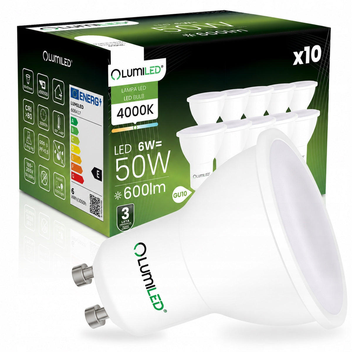 10x Żarówka LED GU10 6W 4000K 600lm 120° wydajna NIE mruga premium CCD reflektorowa, neutralna biel, do lamp punktowych