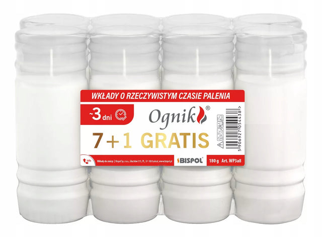 Bispol wkład parafinowy 3 dni, 8szt do zniczy, świeca nagrobna, 73 godziny palenia, wysokość 14,5 cm