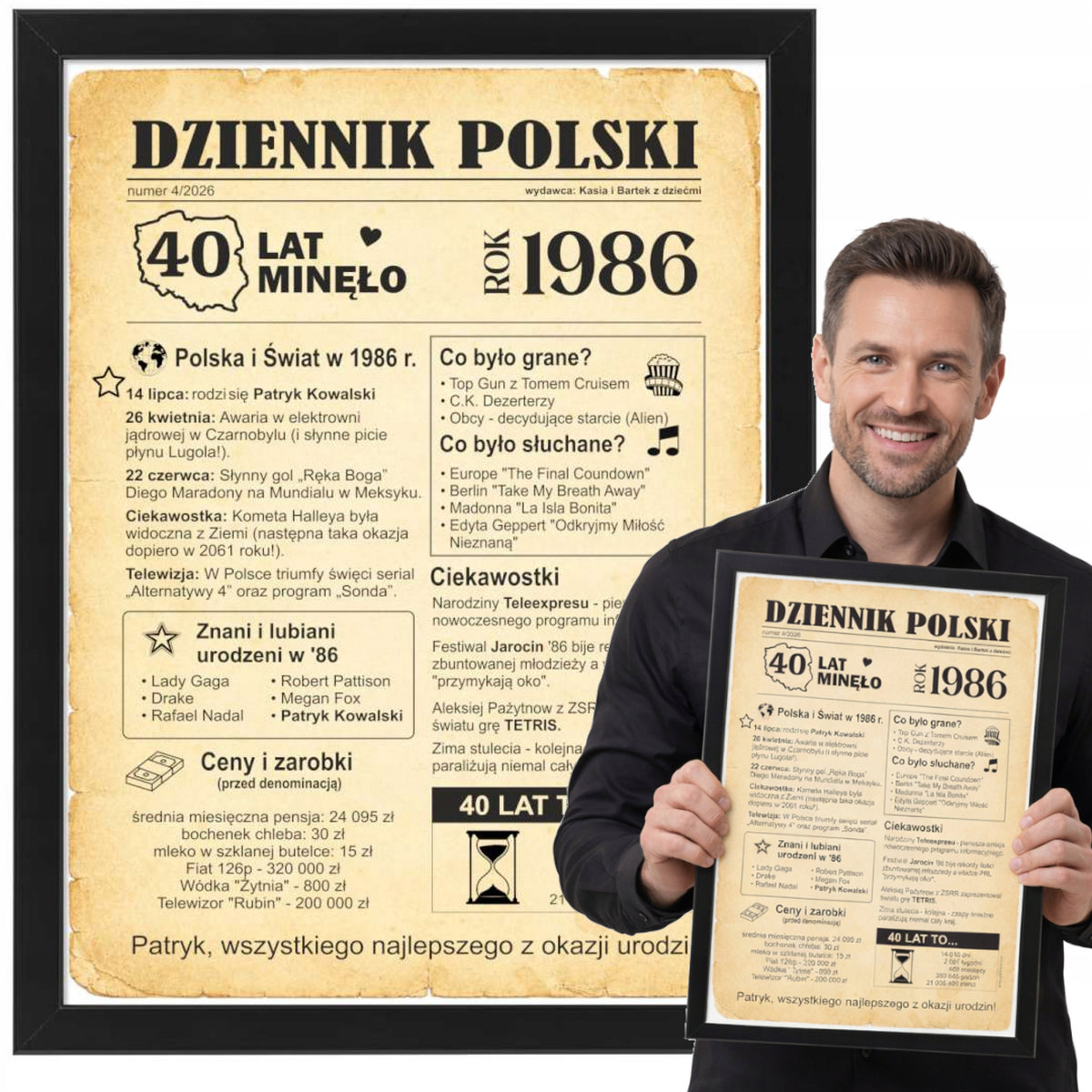 Prezent na 40 urodziny kartka gazeta w ramce personalizacja dziennik 1986 pamiątka z rocznika dekoracja retro upominek