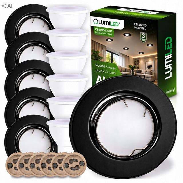 6x Oprawa Podtynkowa 6W Halogenowa Lampa Sufitowa Ruchoma Żarówka LED GU10 czarne oczko wpuszczane, oświetlenie punktowe do wnętrz