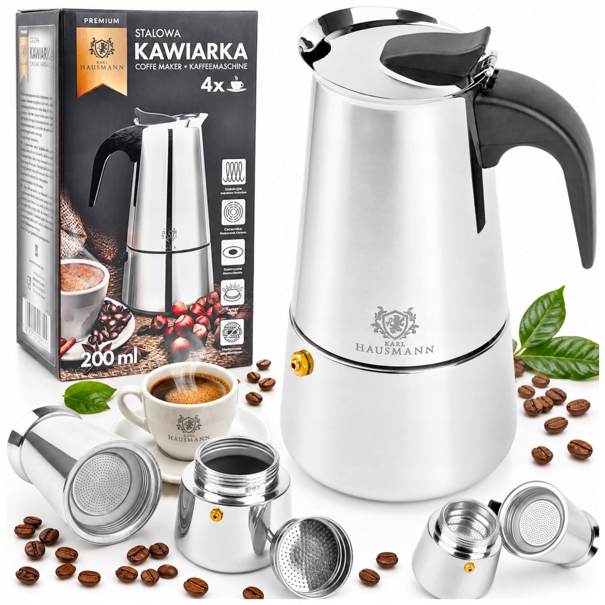 Kawiarka zaparzacz do kawy herbaty 200ml stalowa indukcja GAZ 4 filiżanki mokapot, mycie w zmywarce, czarno-srebrna