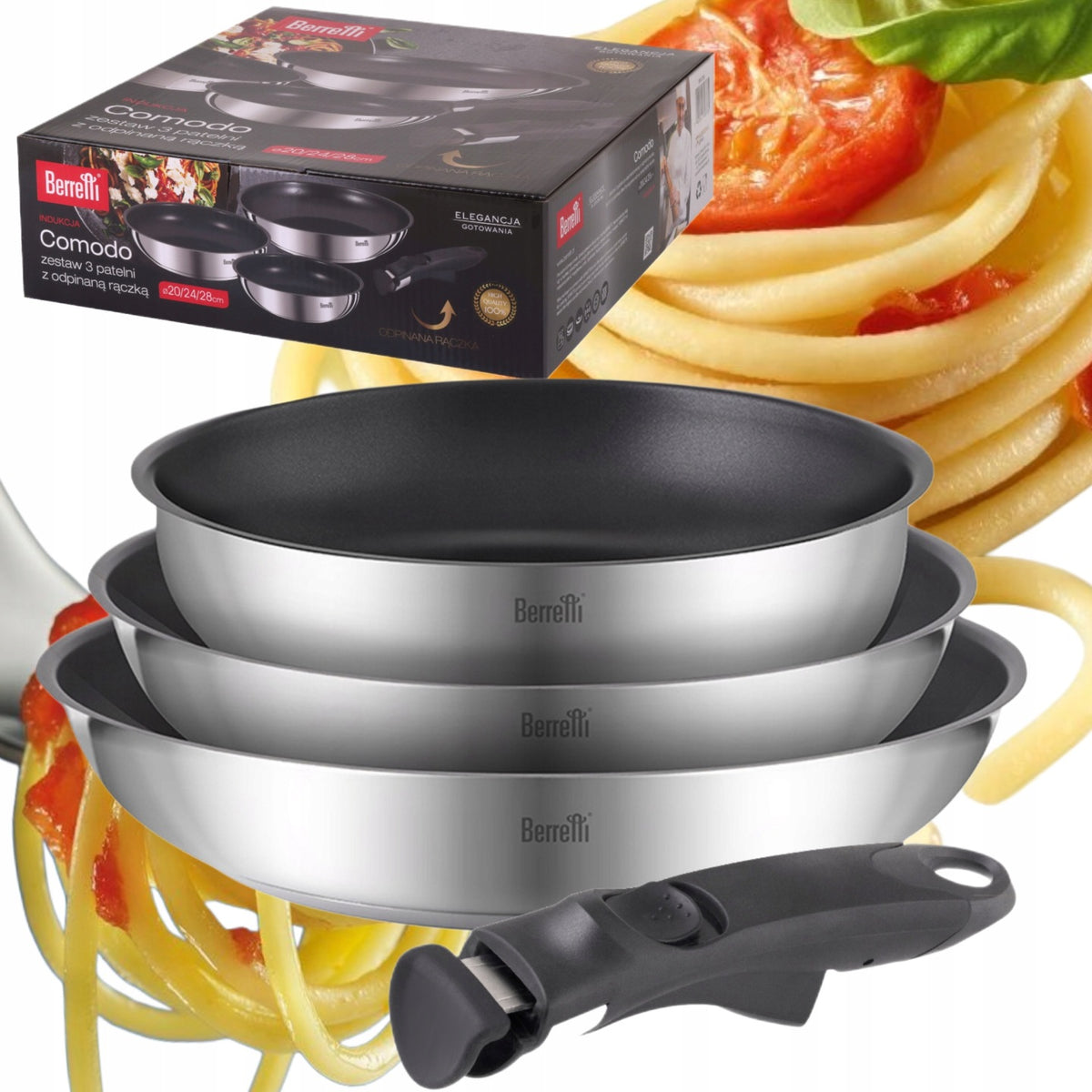 Zestaw patelnia z tytanową powłoką i odpinaną rączką berretti 20/24/28CM do smażenia, na indukcję, gaz i ceramikę, do