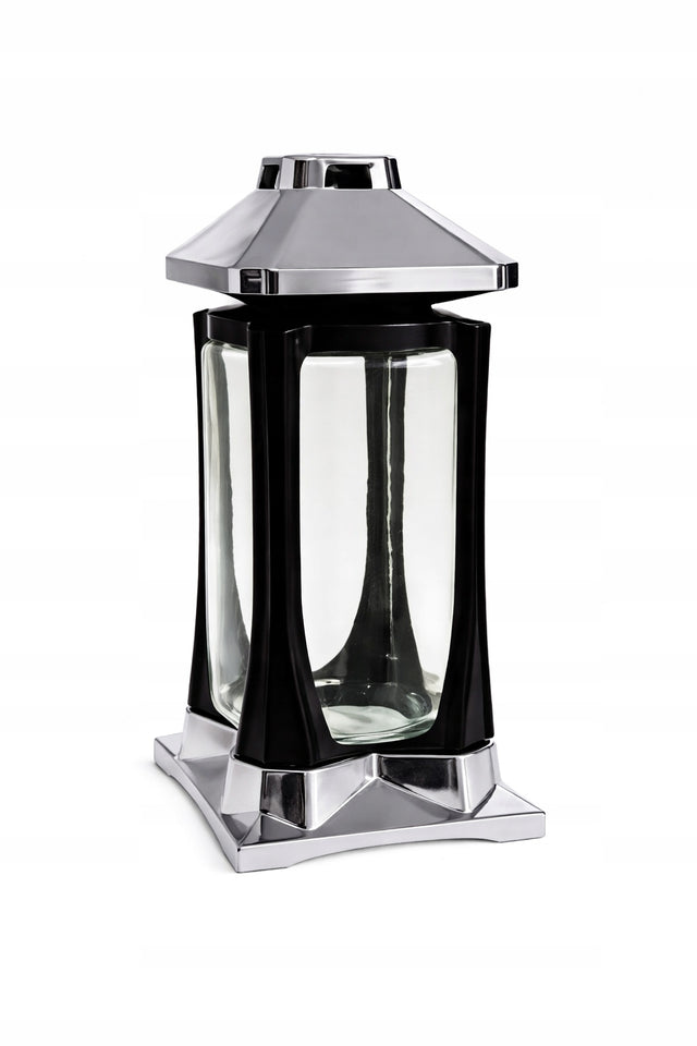 Znicz K-22 Srebrny Nowoczesny Design czerń i Srebro Wysoki 27cm VIP Znicz lampion nagrobny LED na cmentarz, dekoracja grobu