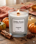 Świeca sojowa z drewnianym knotem + pumpkin PIE aromatyczna dekoracja do domu, czas palenia do 50 h, 1 sztuka