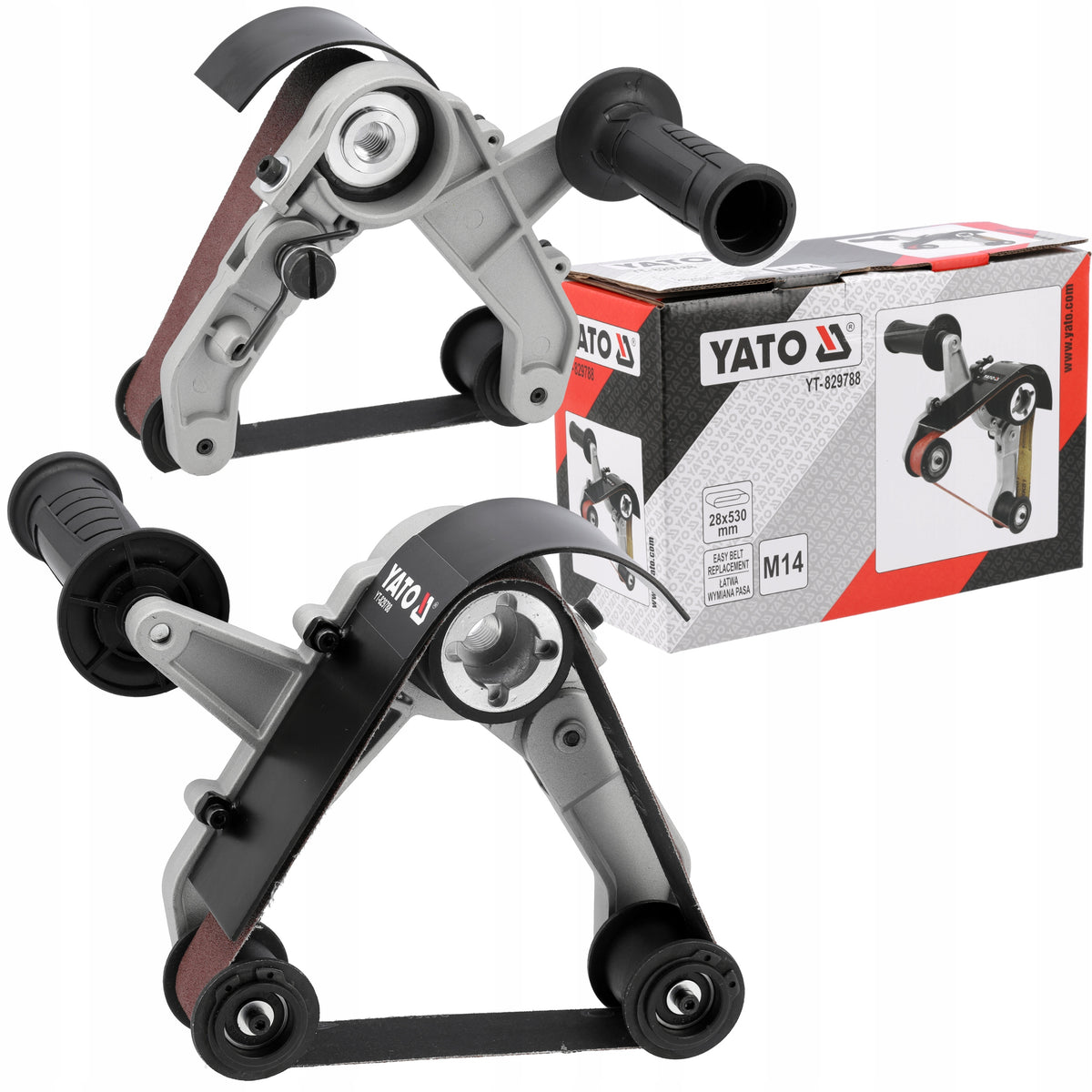 YATO SZLIFIERKA TAŚMOWA PRZYSTAWKA NA SZLIFIERKĘ KĄTOWĄ 125mm 530x28mm adapter pasowy do szlifowania metalu, rur i