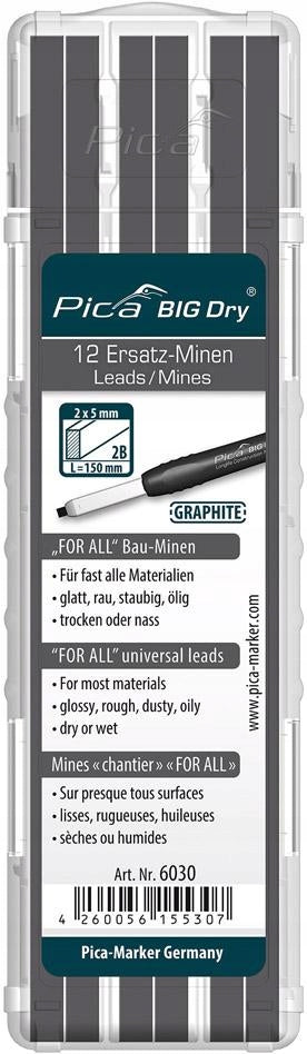 Wkłady do znacznika ołówka stolarskiego 2B Grafit 12 szt. 6030 pica BIG DRY rysik 150 mm
