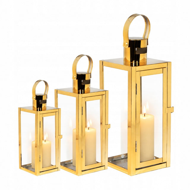 3X lampion szklany Duży Złoty Latarnia Lampa Zestaw Lampionów lampiony dekoracja do salonu, ozdoba metalowo-szklana