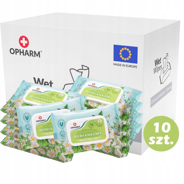 Nawilżany papier toaletowy rumiankowy Opharm 10x52 szt. PL chusteczki do podcierania, celulozowe listki do higieny po skorzystaniu z WC