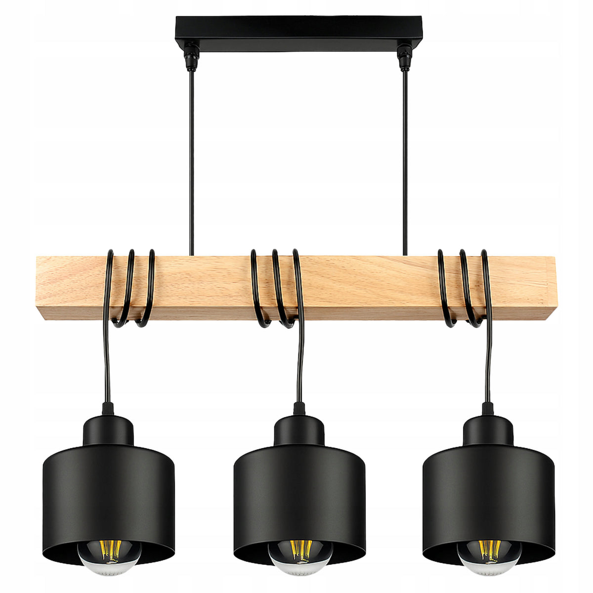 Lampa Wisząca LED Sufitowa Nowoczesna Zwis Drewniana Belka Loft Czarna żyrandol 3-punktowy, oprawa E27 do salonu lub