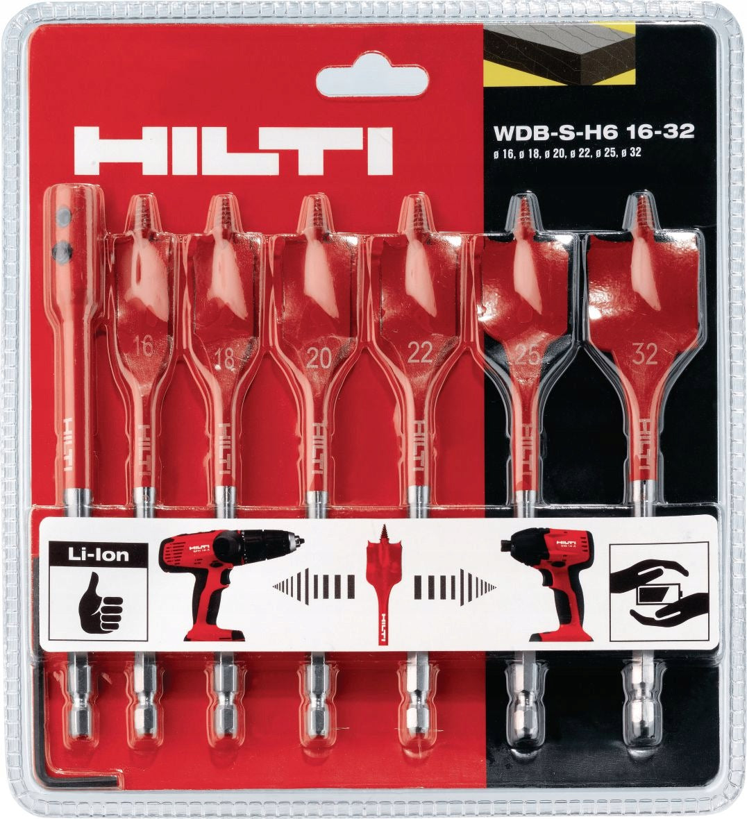 Zestaw wierteł łopatkowych piórkowych Hilti do drewna 16-32mm 7szt HEX 1/4"