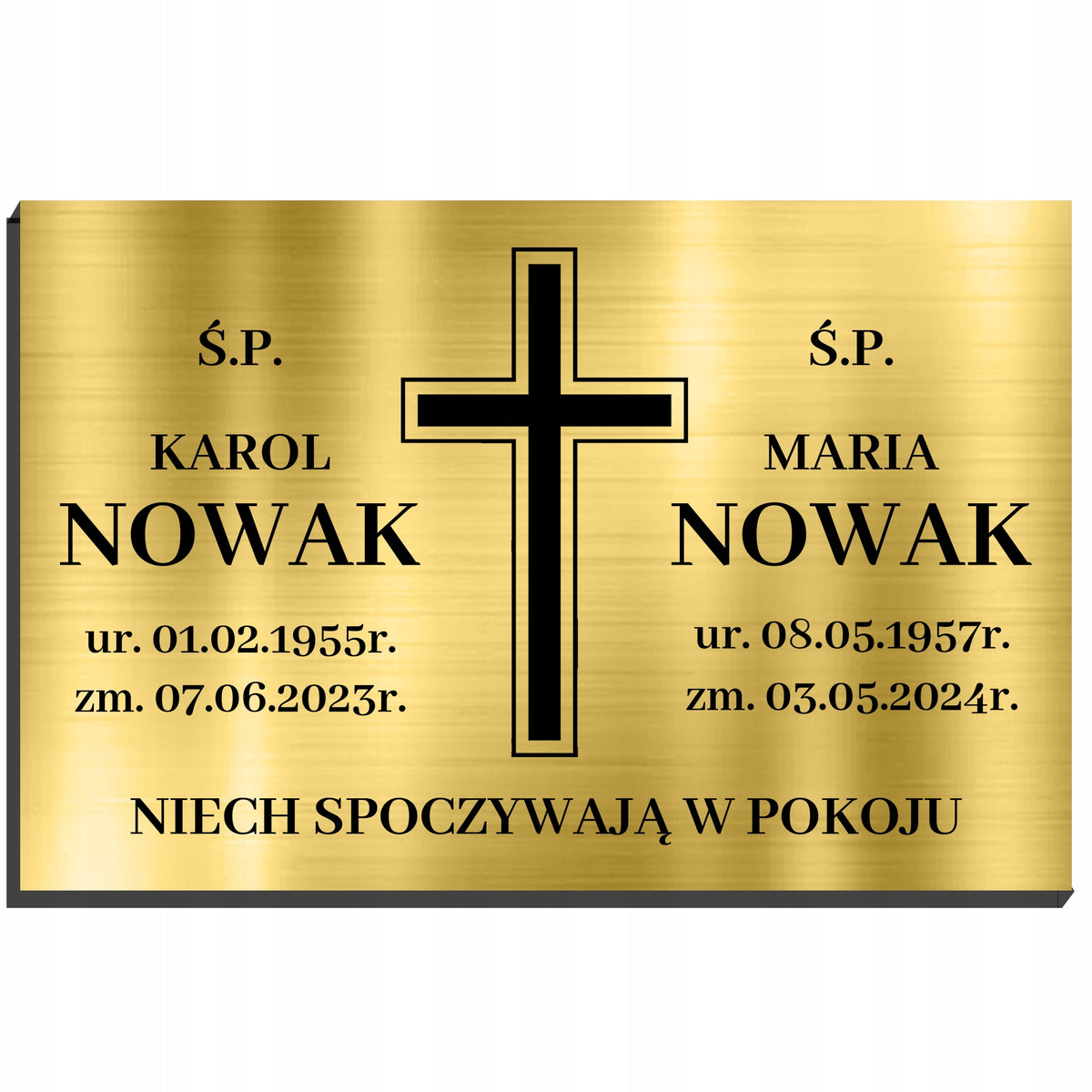 Tabliczka nagrobkowa nagrobna 32X21 złota dibond podwójne dane Ś.P. krzyż metalowa tablica pamiątkowa na grób