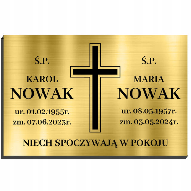 Tabliczka nagrobkowa nagrobna 32X21 złota dibond podwójne dane Ś.P. krzyż metalowa tablica pamiątkowa na grób, oznaczenie miejsca pochówku