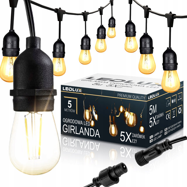 Girlanda Ogrodowa Świetlna 5m 5X Żarówka LED E27 + Przewód Wodoszczelna łańcuch dekoracyjny na balkon i taras, ciepłe białe światło