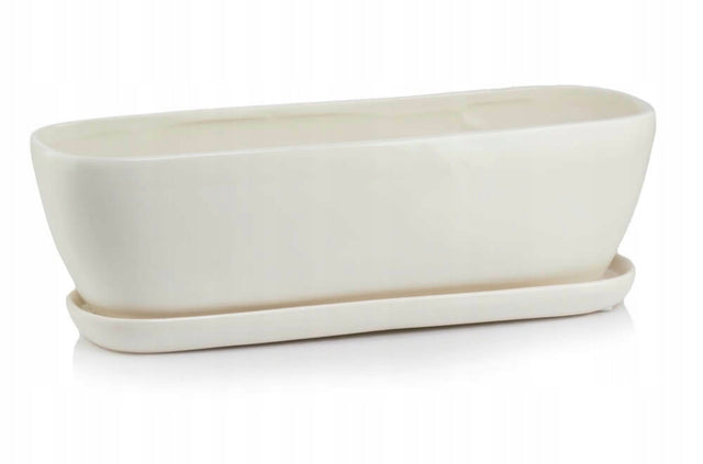 Piękna doniczka rynna z podstawką 28x9x9 cm Barcelona Kremowa ceramiczny pojemnik na kwiaty, do roślin domowych, okrągły beżowy