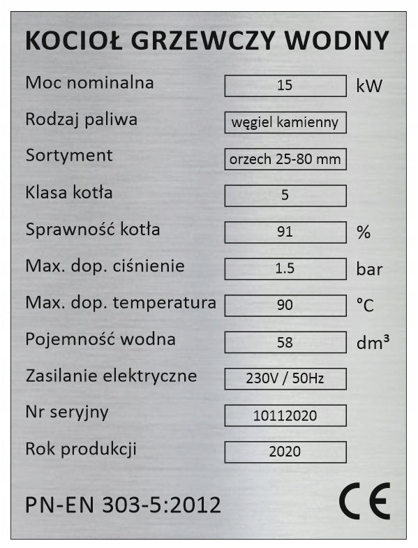 Tabliczka znamionowa na piec, kocioł C.O. klasa 5 , 4, 3 oznaczenie urządzenia grzewczego na węgiel, moc 15 kW