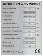 Tabliczka znamionowa na piec, kocioł C.O. klasa 5 , 4, 3 oznaczenie urządzenia grzewczego na węgiel, moc 15 kW
