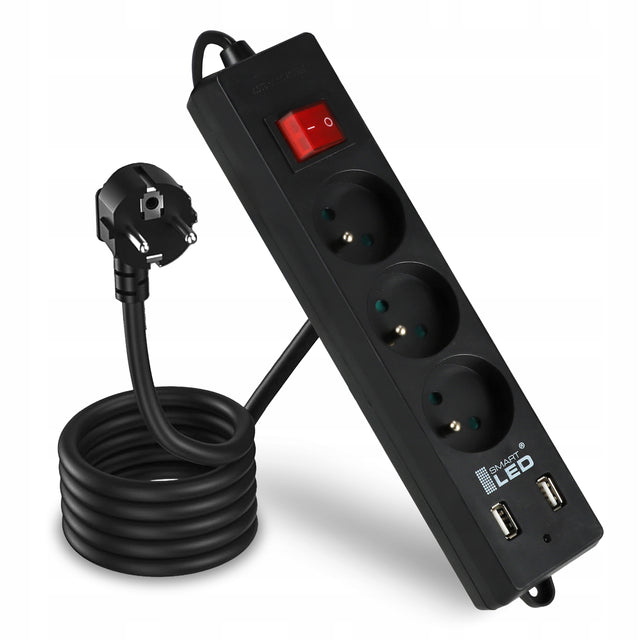 Przedłużacz Listwa Zasilająca Sieciowa 3m 3 gniazda 230V 2X USB Ładowarka rozgałęźnik elektryczny z uziemieniem czarny kabel polwinitowy