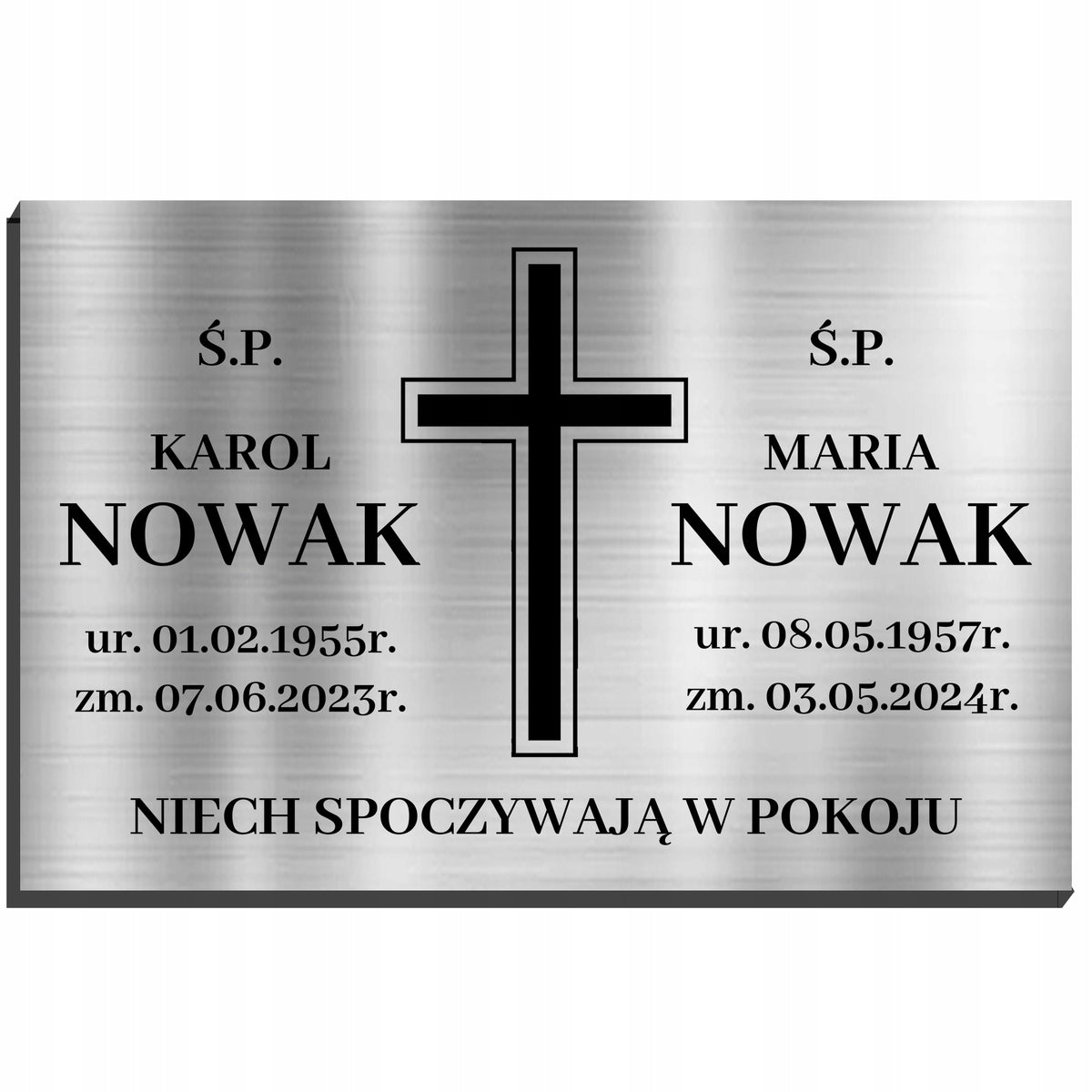 Tabliczka nagrobkowa nagrobna 32X21CM srebrna podwójne dane Ś.P. krzyż metalowa płyta na grób, oznaczenie miejsca