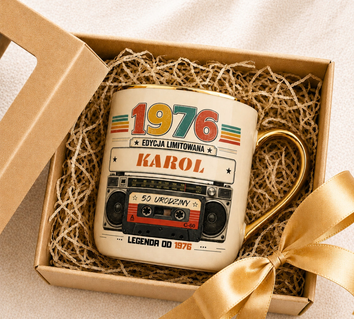 Kubek na 50 urodziny prezent dla mężczyzny kobiety dziadka babci + imię ceramiczny 330 ml, do kawy i herbaty, z własnym