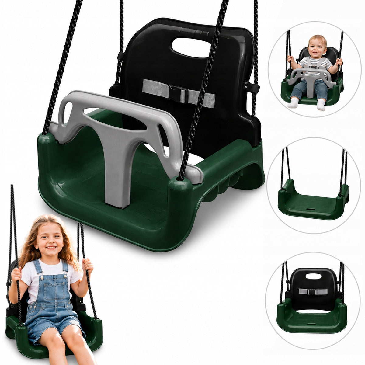 Huśtawka dla dzieci ogrodowa fotel wiszący 3w1 mocna kubełkowa black green huśtawka kubełkowa tworzywo wiek 6 m+