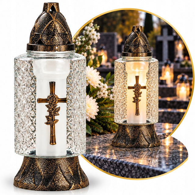 Znicz Szklany Cristal z sercem i wstążką nowoczesny znicz na grób z wkładem lampion nagrobny LED, świeca elektryczna, 30 cm, 1000 h