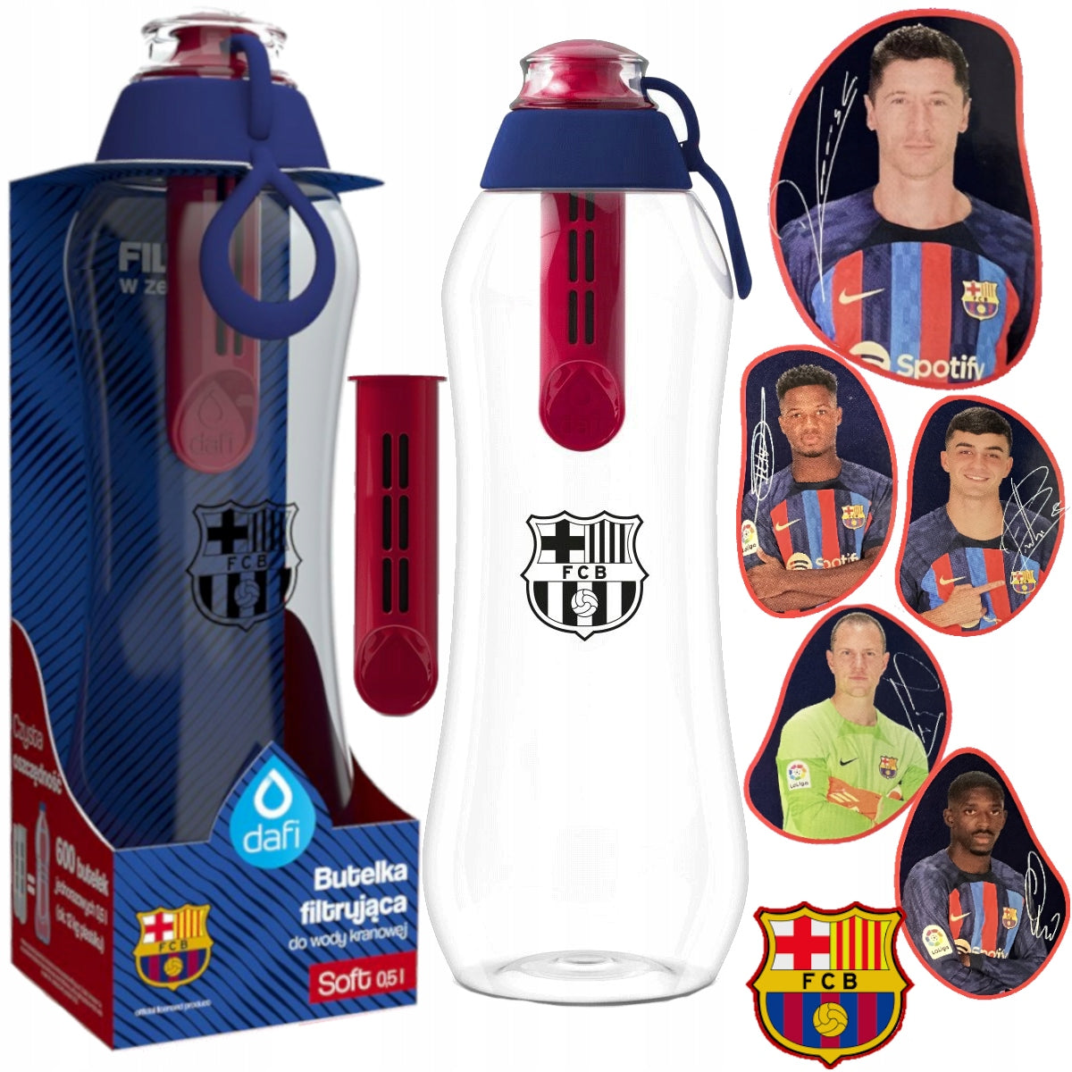 Butelka filtrująca na wodę lewandowski barcelona +naklejki bidon na trening niebieski