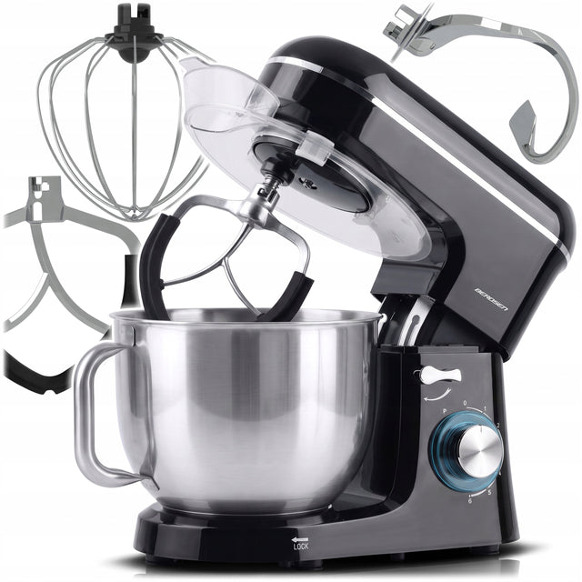 Robot planetarny kuchenny mikser Berdsen stal nierdzewna 6l czarny 1400W do wyrabiania ciasta i ubijania piany, 6 prędkości