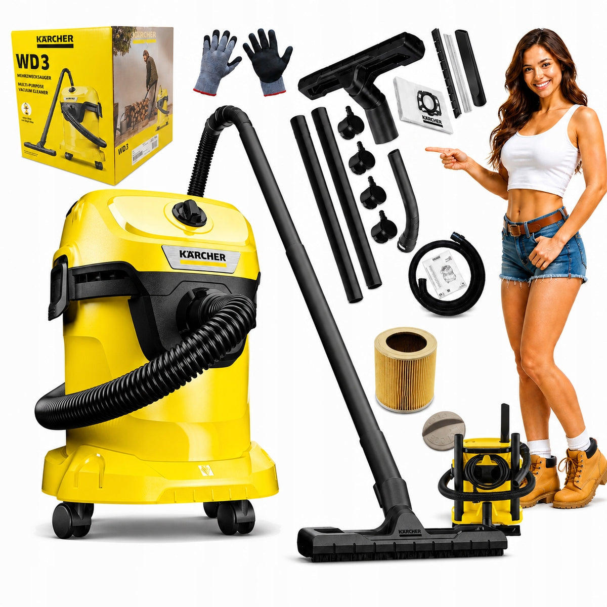 Odkurzacz karcher WD3 MAX bezworkowy przemysłowy turbo power XXL LUX yellow do warsztatu, zbiornik 17 l, moc 1400 w