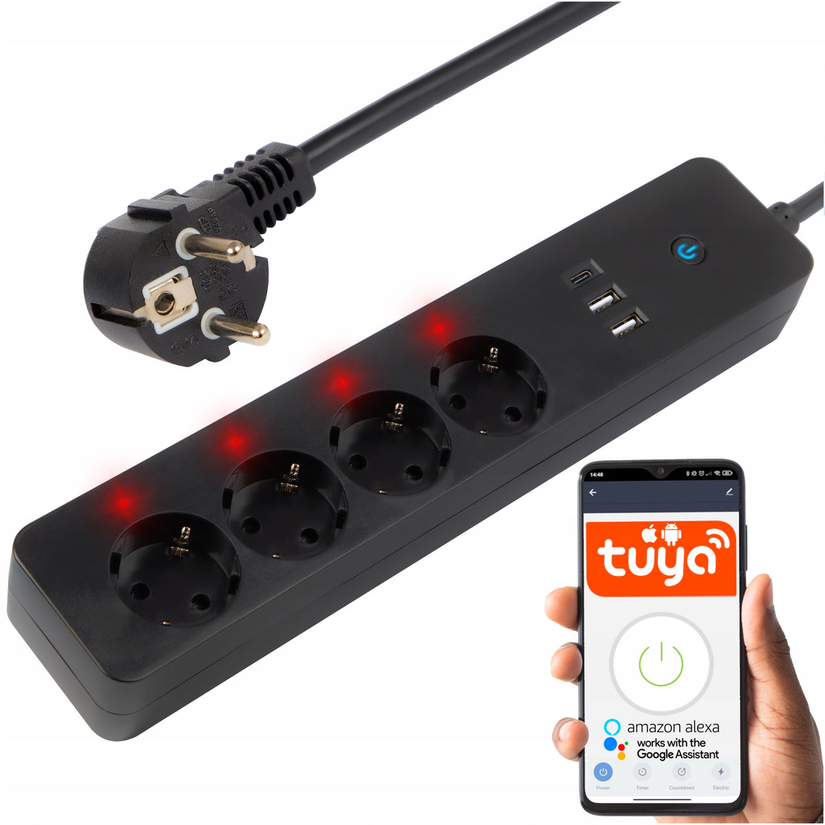 Inteligentna listwa zasilająca przedłużacz 4 GN 2x USB usb-c WiFi tuya 3m rozdzielacz prądu, gniazdka do automatyki