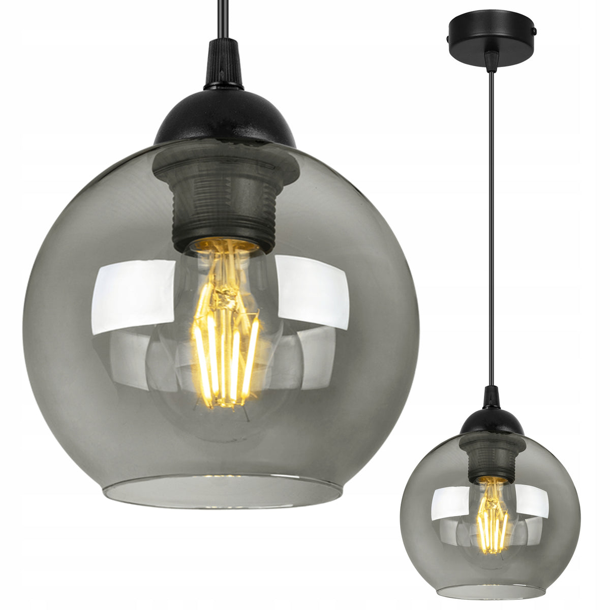 LAMPA SUFITOWA WISZĄCA ŻYRANDOL POJEDYNCZA SZKLANA KULA NOWOCZESNA LOFT oprawa do salonu i jadalni, czarna, gwint E27