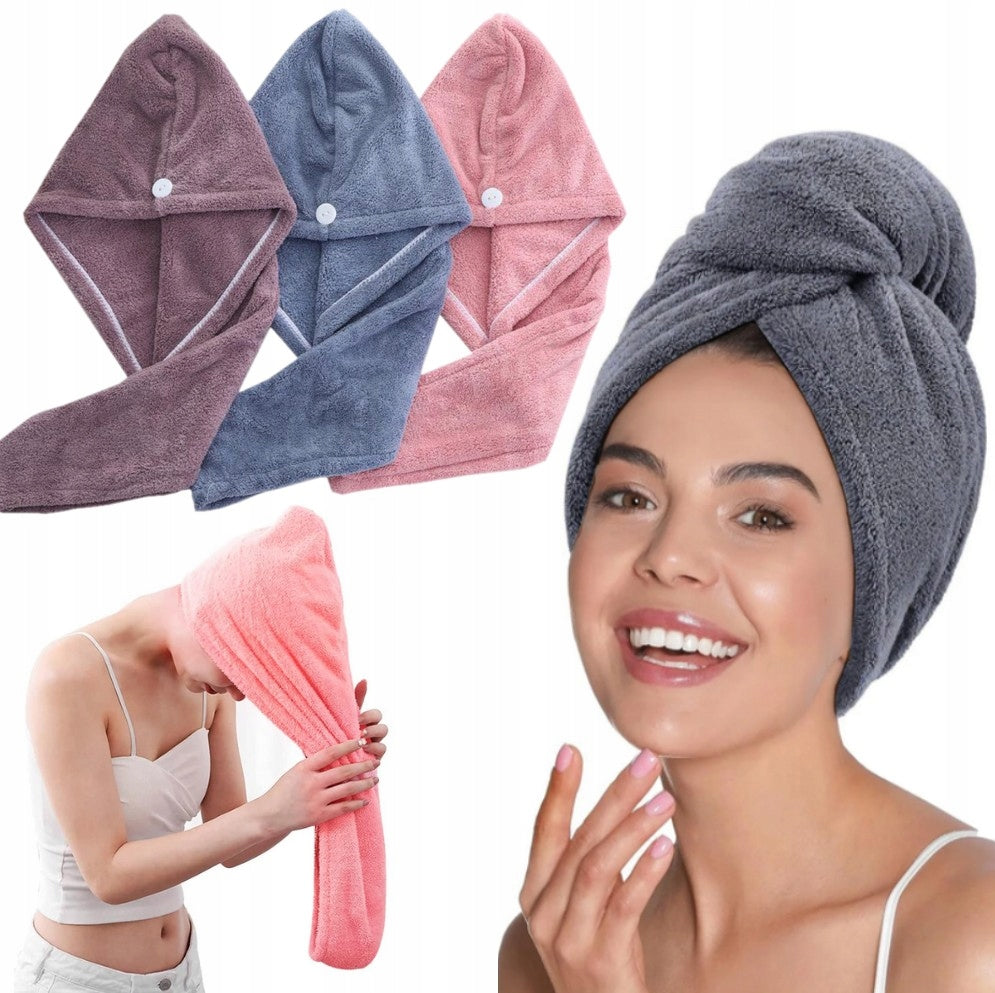 3x RĘCZNIK NA GŁOWĘ TURBAN DO SUSZENIA WŁOSÓW SZYBKOSCHNĄCY GRUBY CHŁONNY czepek z mikrofibry z guzikiem, osuszacz do
