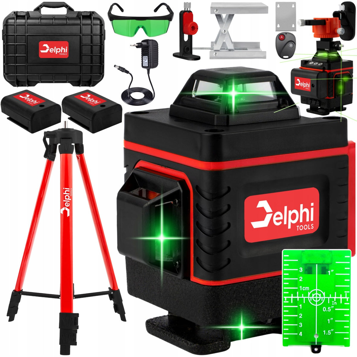 Laser krzyżowy Poziomica Laserowa 16 Linii + statyw 115 cm 4D Zielony 2xAKU do układania płytek, glazury i prac