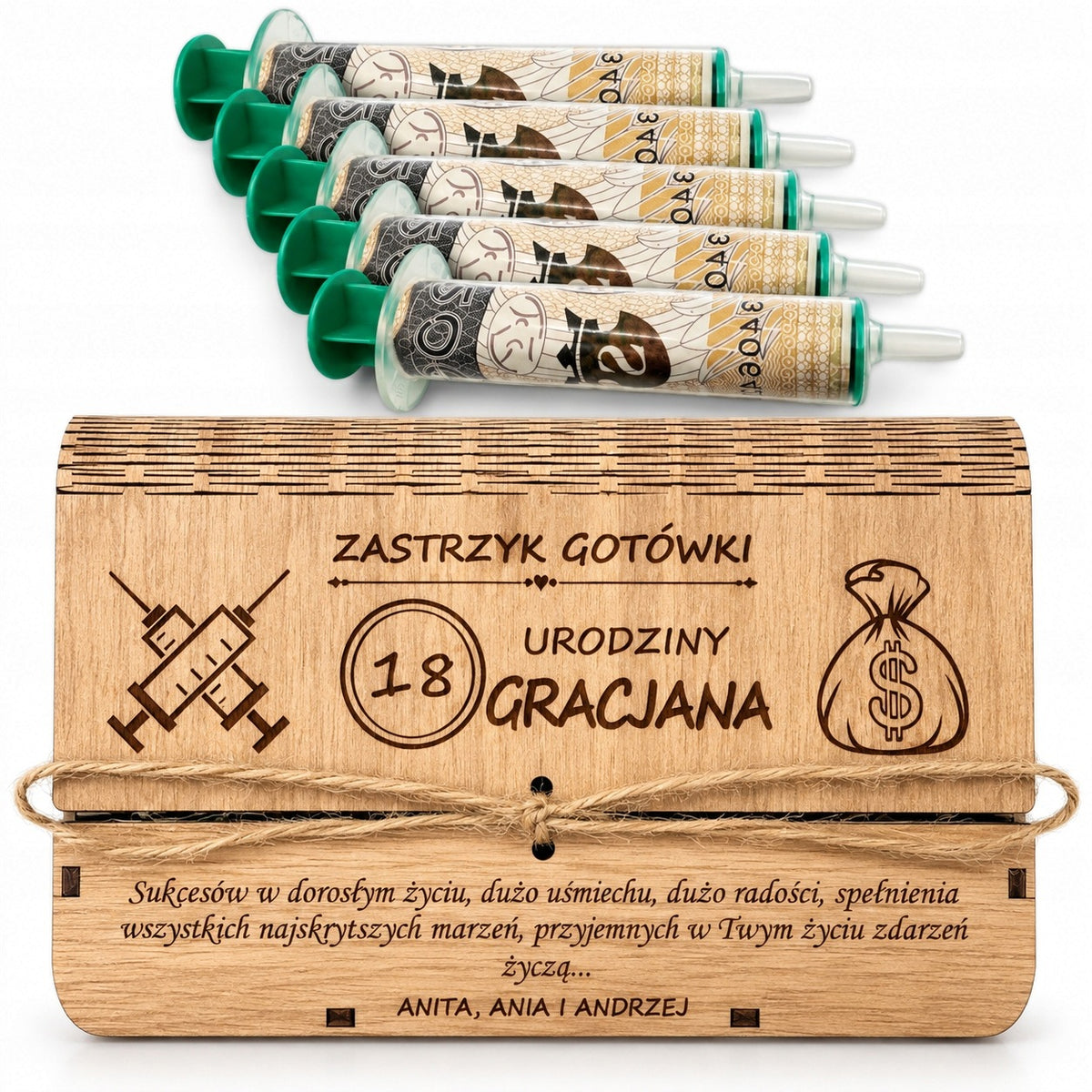 Zastrzyk Gotówki prezent na 18 30 40 50 60 Urodziny Pudełko na pieniądze 18 skarbonka z grawerem, upominek dla jubilata