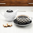 Dzbanek Filiżanka Spodek Porcelana Komplet 3w1 Imbryk do Kawy Herbaty czajniczek 320 ml, biało-czarny, można myć w
