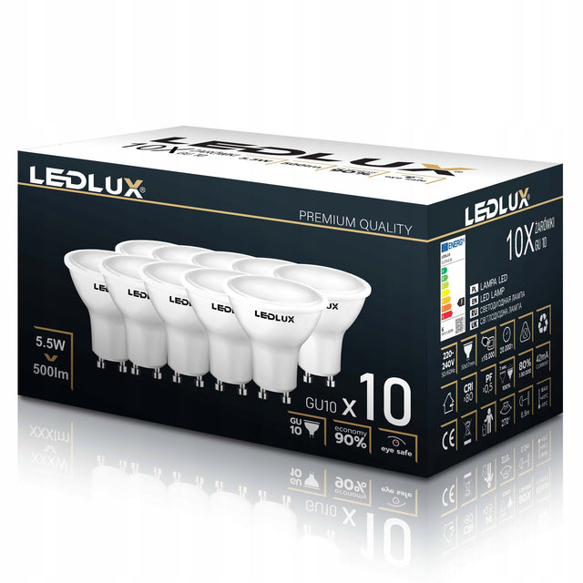 10x Żarówka LED GU10 5,5W =50W SMD 4000K neutralna Premium ledlux nie mruga 500 lm, reflektorowa, spot do opraw punktowych