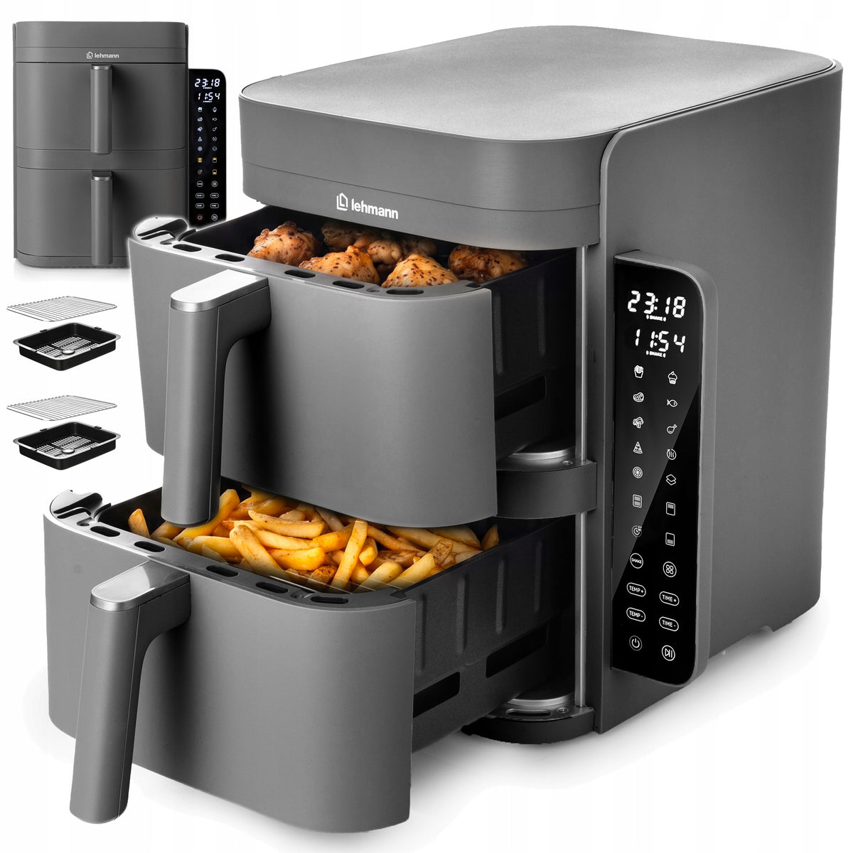 Frytkownica beztłuszczowa dwukomorowa pionowa panel boczny LED Air Fryer szary