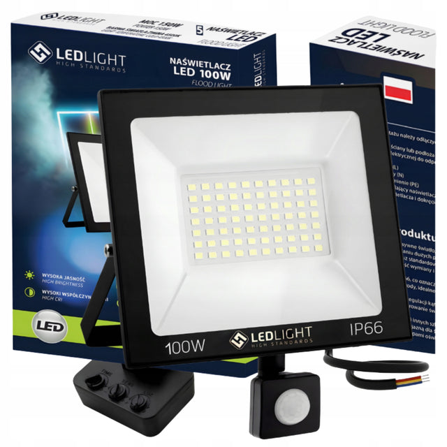 Halogen LED z czujnikiem ruchu 100W lampa Reflektor Naświetlacz zewnętrzny IP66, 10000 lm, 6500 K, zimna biel, do ogrodu