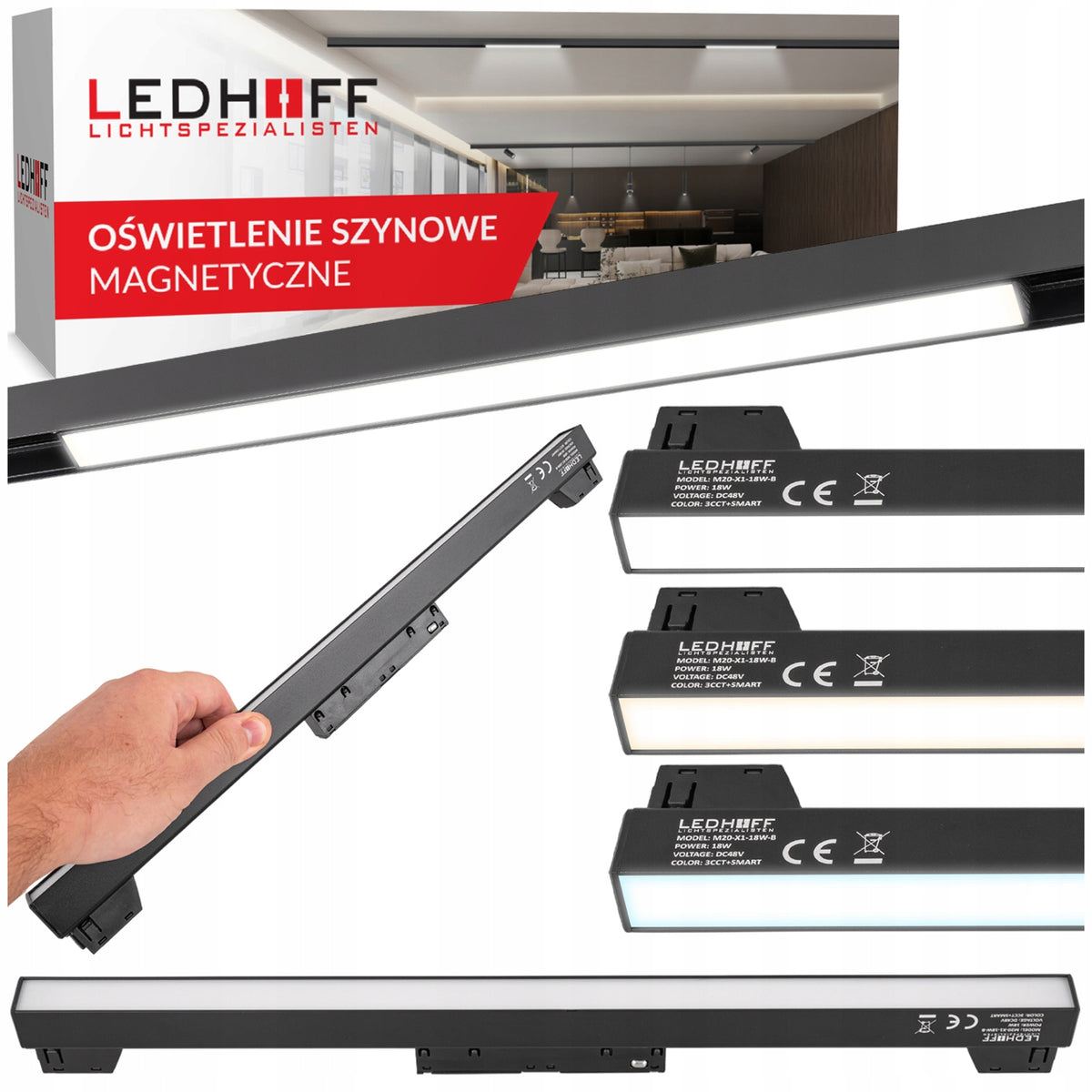 Lampa LED liniowa szynowa magnetyczna Reflektor 18W czarny 45cm 3 barwy CCT oprawa do szynoprzewodu, do salonu, kuchni